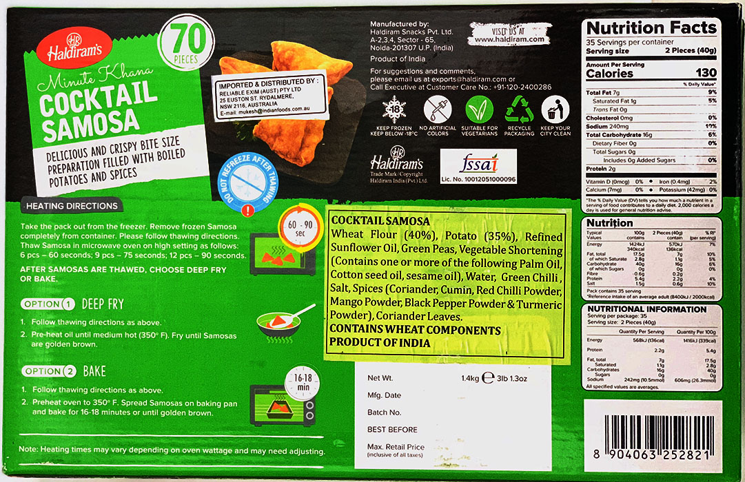Haldiram's Cocktail Samosa 70pcs - Buy Online Australia | Om Spice & Grocery