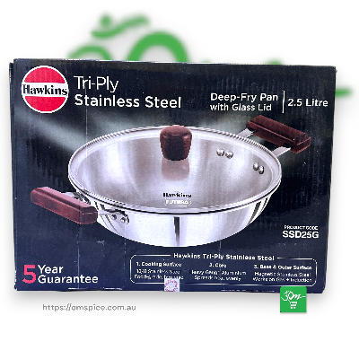 Hawkins Deep Fry Pan Kadai 2.5L Stainless Steel Gas Induction 3mm Thick 26cm Diameter - Buy Online Australia | Om Spice & Grocery