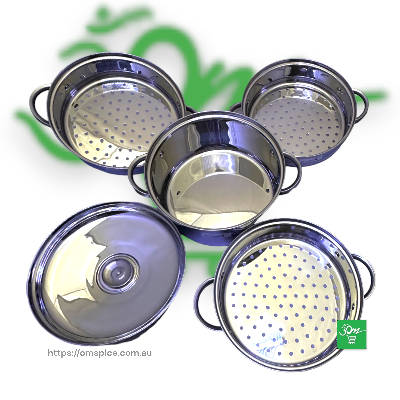 Indian Root Momo Steamer 26cm Diameter 30cm Height - 3 Layers - Stainless Steel - Buy Online Australia | Om Spice & Grocery